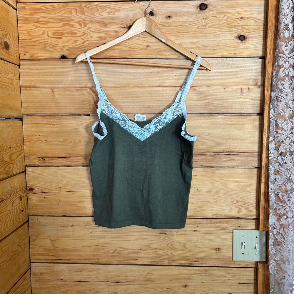 Vintage Cotton Olive Green Camisole Womens Small Lace Beaded Tank Top Jessica - Picture 2 of 8
